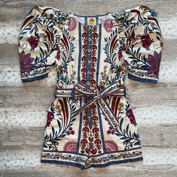 NWT FARM Rio Romantic Lightness Puff Short Sleeve Romper in Blue Pattern Size S - Picture 6 of 16